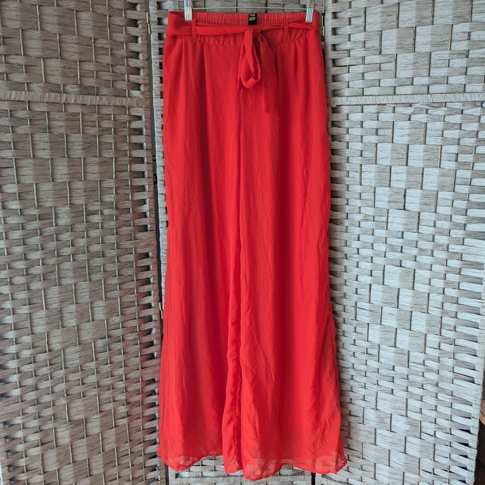 Revamped Wide Leg Chiffon Palazzo Pants Red Elastic Waist Tie Belt Sz M Chic